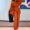 Women Solid Color Long-Sleeved Lantern Sleeve Waist Fashion Jumpsuit