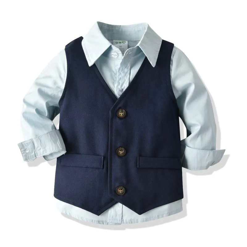 Classic Style Boy Shirt And Button Design Vest And Pant With Bowtie