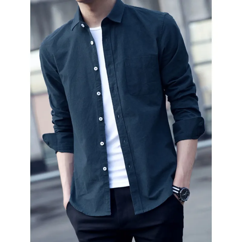 Men Casual Solid Color Single Breasted Lapel Long Sleeve Slim Shirt