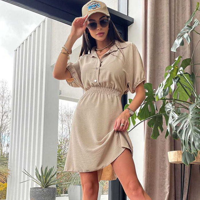 Women Fashion Casual Solid Color Lapel Single-Breasted Short Sleeve Dress