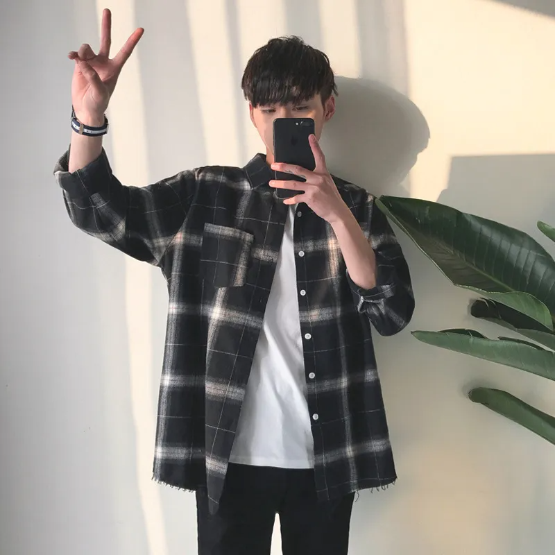 Men Fashion Black White Plaid Long Sleeve Loose Shirt