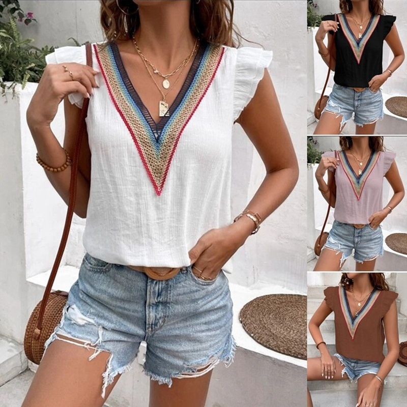 Fashion Casual Women V-Neck Lace Casual Solid Color Ruffled Cap Sleeve Blouse