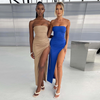 Women Fashion Sexy Solid Color Drawstring Slit Tube Dress