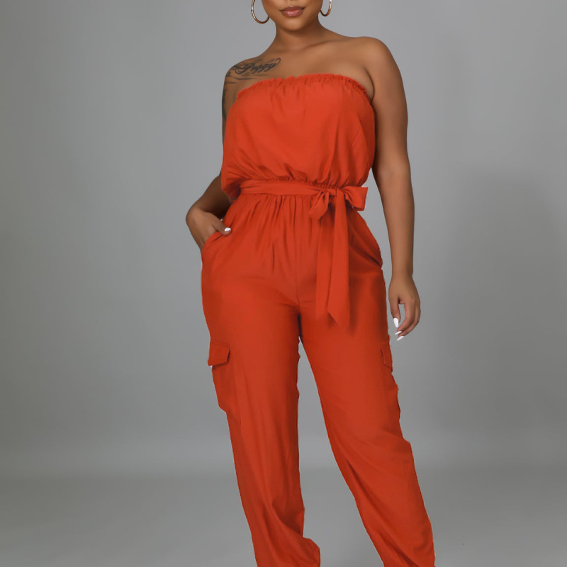 Women Wrap Chest Belt Solid Color Jumpsuit