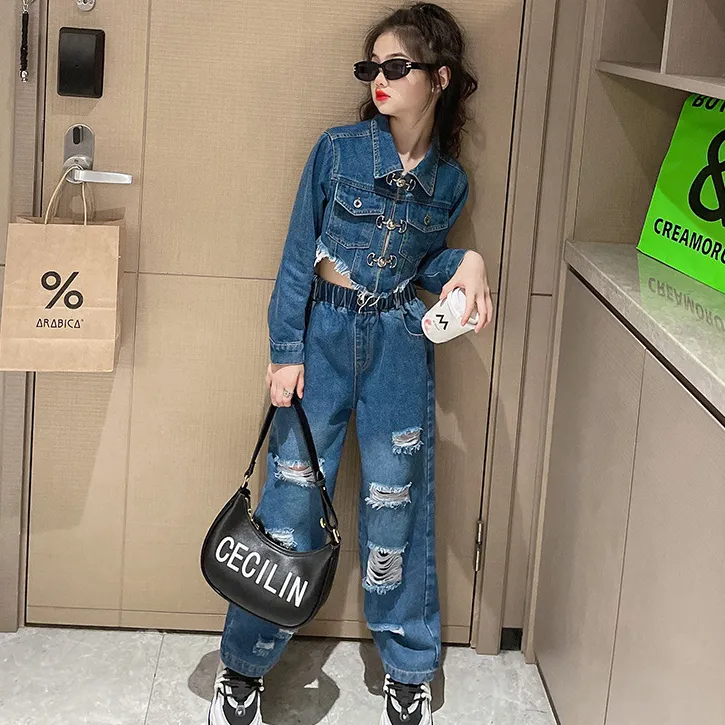 Kids Teen Girl Fashion Irregular Denim Two-Piece Set