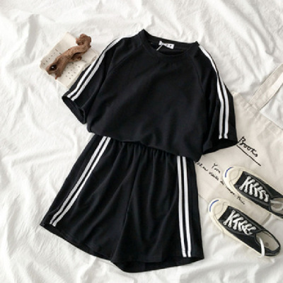 Women Casual Sports Athleisure Striped Short Sleeve T-Shirt And Shorts Student Set