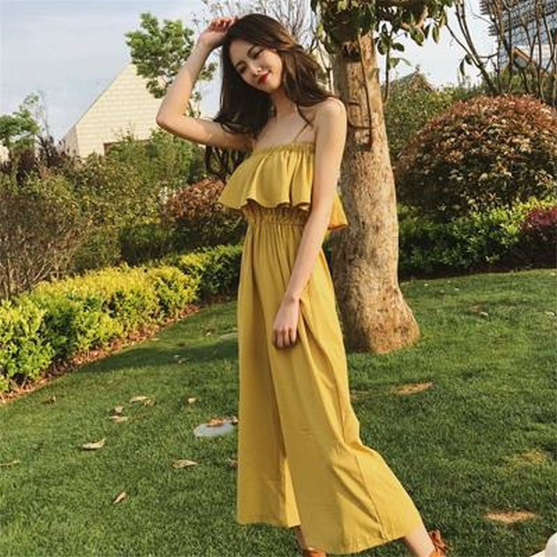 Women Solid Color Ruffle Sling Waist Casual Wide Leg Jumpsuit