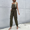 Women Green Slip-Neck Straight Belt Trousers Jumpsuit