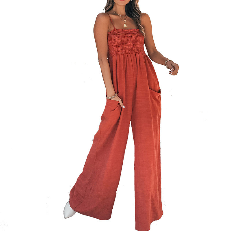 Women Solid Color Sling Stretchy High Waist Wide Leg Casual Jumpsuits