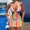 Women Fashion Sexy Summer Vacation Rainbow Tie-Dye Print Three-Piece Bikini Swimsuit