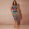 Women Fashion Elegant Leopard Printed Tight Sleeveless Midi Dress