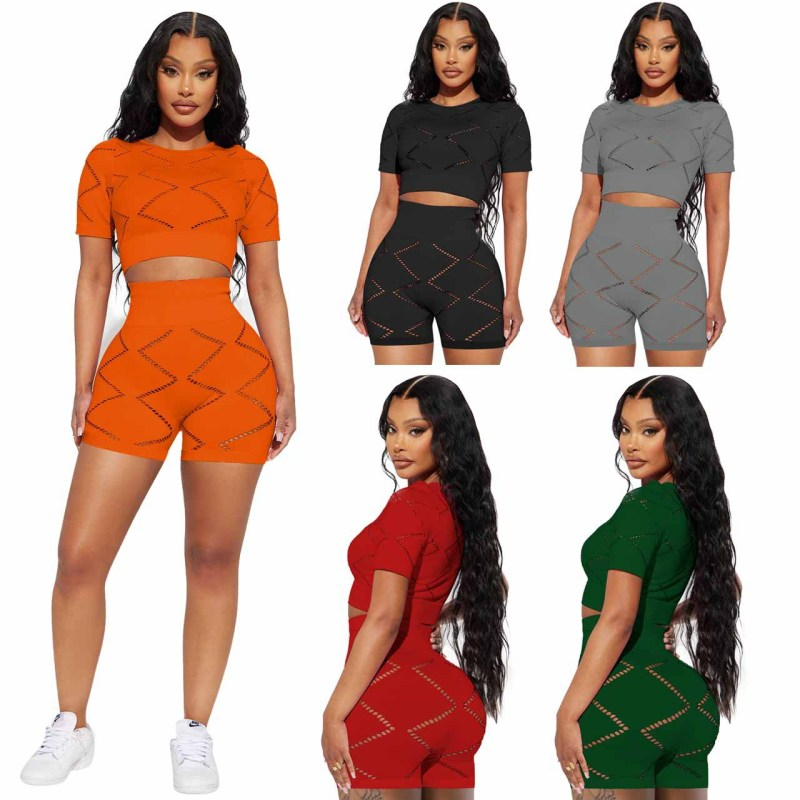 Women Fashion Casual Solid Color Hollow Short Sleeve Crop Top And Shorts Two-Piece Set