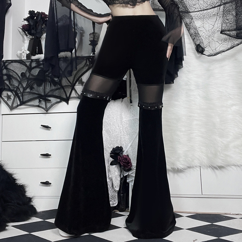 Women Gothic Mesh-Paneled High-Waisted Flared Pants