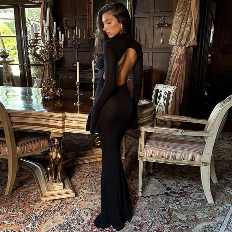 Women Sexy High Neck Long Sleeve Backless Bodycon Maxi Dress