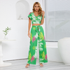 Women Summer Bohemian Print Short-Sleeved Crop Top And Straight Wide-Leg Pants Two-Piece Set