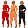 Women Solid Color Crew Neck Long Sleeve Cropped Top And High Waist Pants Fashionable Two-Piece Set