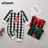 Kids Baby Boys Girls Christmas Deer Plaid Long Sleeve Round Neck Romper