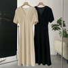 Fashion Elegant Women V-Neck Solid Color Bubble Short-Sleeved Mid-Length Defined Waist Dress