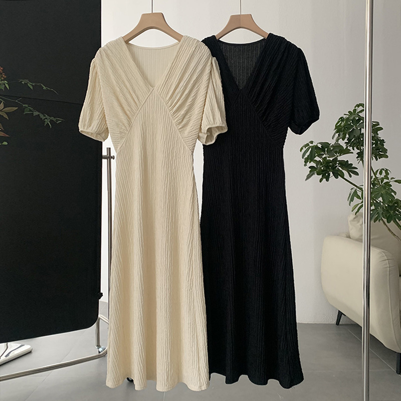 Fashion Elegant Women V-Neck Solid Color Bubble Short-Sleeved Mid-Length Defined Waist Dress
