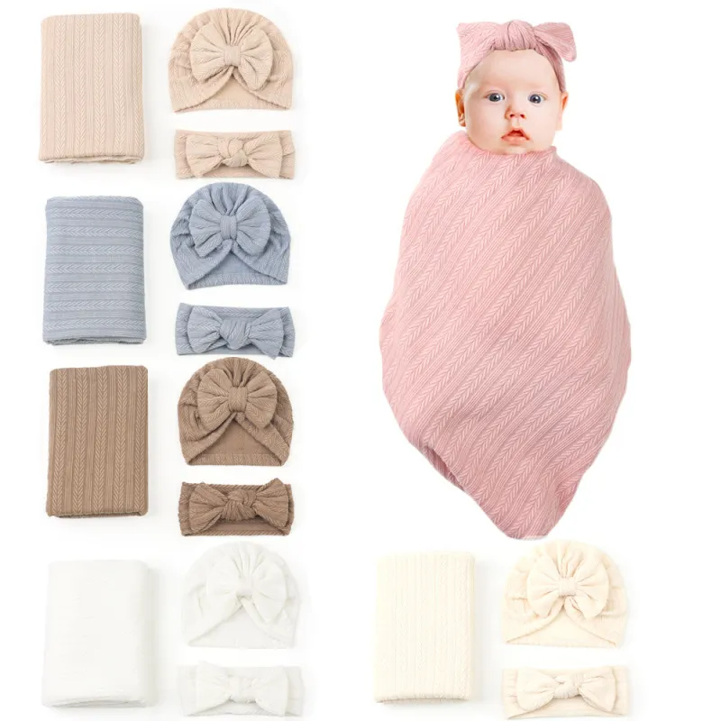 Baby Newborn Solid Color Swaddle Blanket And Turban Hat 3pcs Set