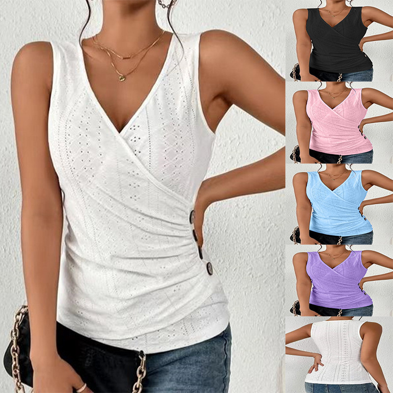 Summer Women Casual Solid Color Slim-Fit V-Neck Sleeveless Surpliced Tank Top