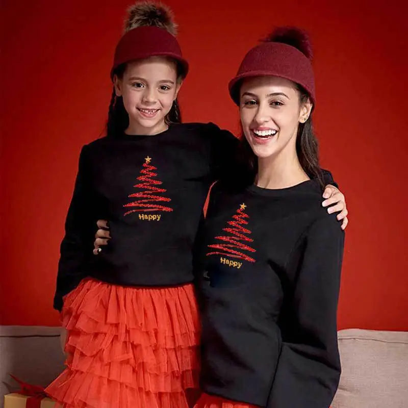 Family Fashion Simple Christmas Tree Print Crewneck Long Sleeve Sweatshirt