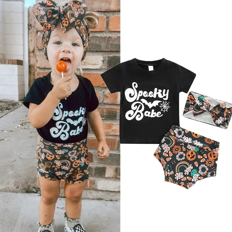 Kids Baby Girls Boys Summer Fashion Casual Halloween Solid Color Letter Round Neck Short Sleeve T-Shirt Pumpkin Shorts Set