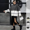 Fashion Women'S Casual Turtleneck Knitted Basic Stripe Pattern Loose Sweater Top