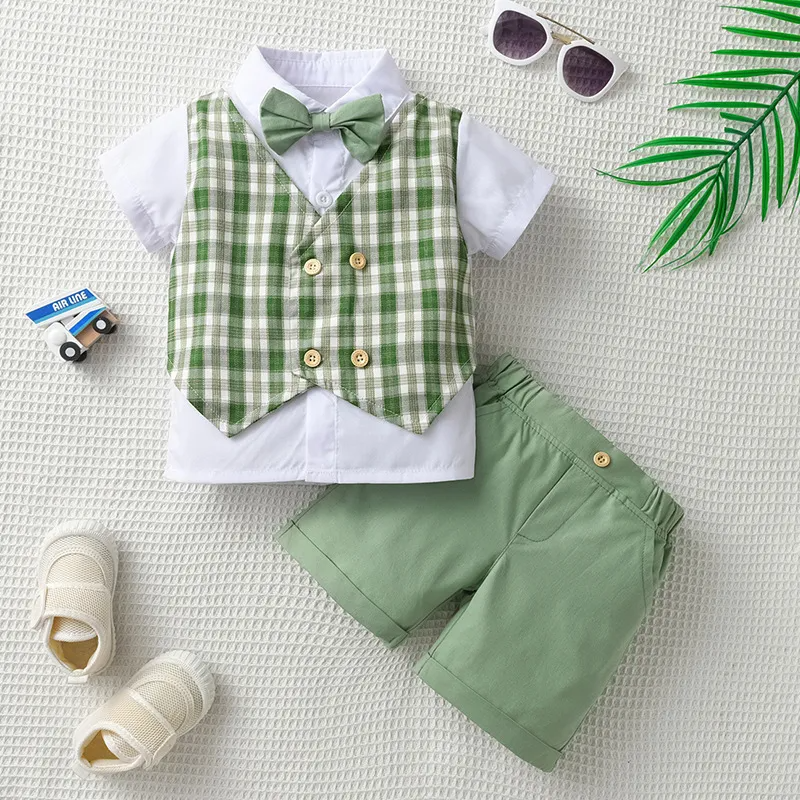 Kids Big Boys Summer Fashion Casual British Style Bow Playd Waistcoat Shirt Shorts Boys Party Clothing Set