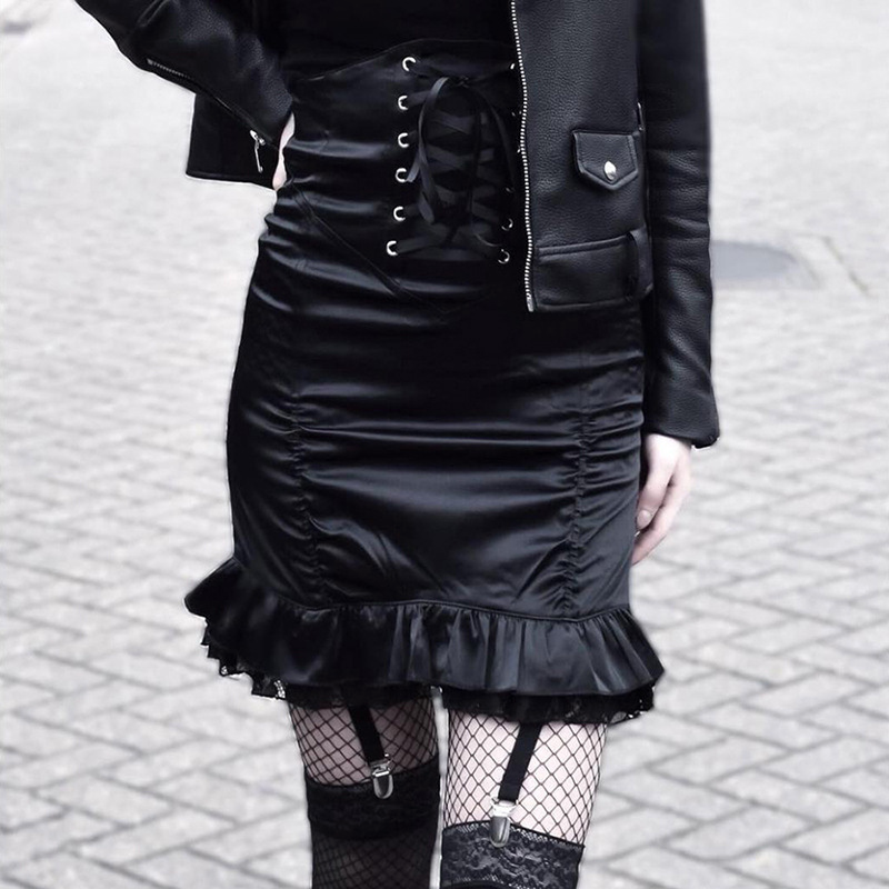 Women Fashion Gothic Punk Bandage Wrinkled Lace High Waist Skirt