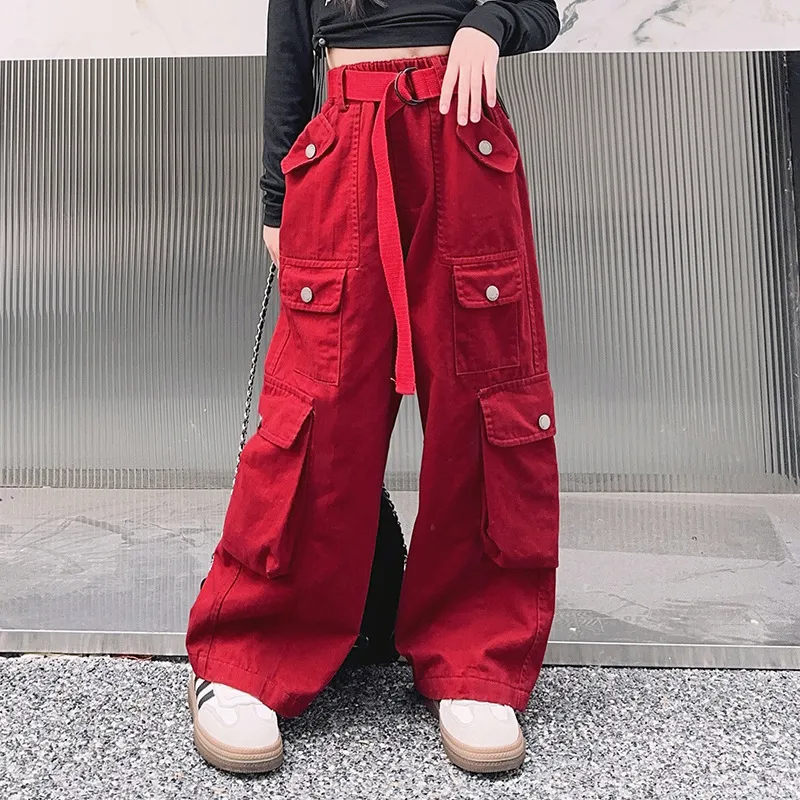 Kids Teen Girl Casual Solid Color Multi-Pocket Cargo Pants