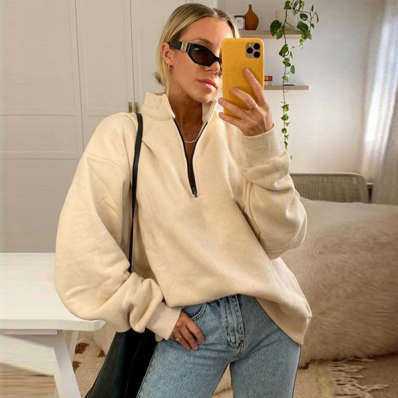 Women Autumn Winter Casual Half-Zipper Pullovers Long Sleeve Sweatshirts