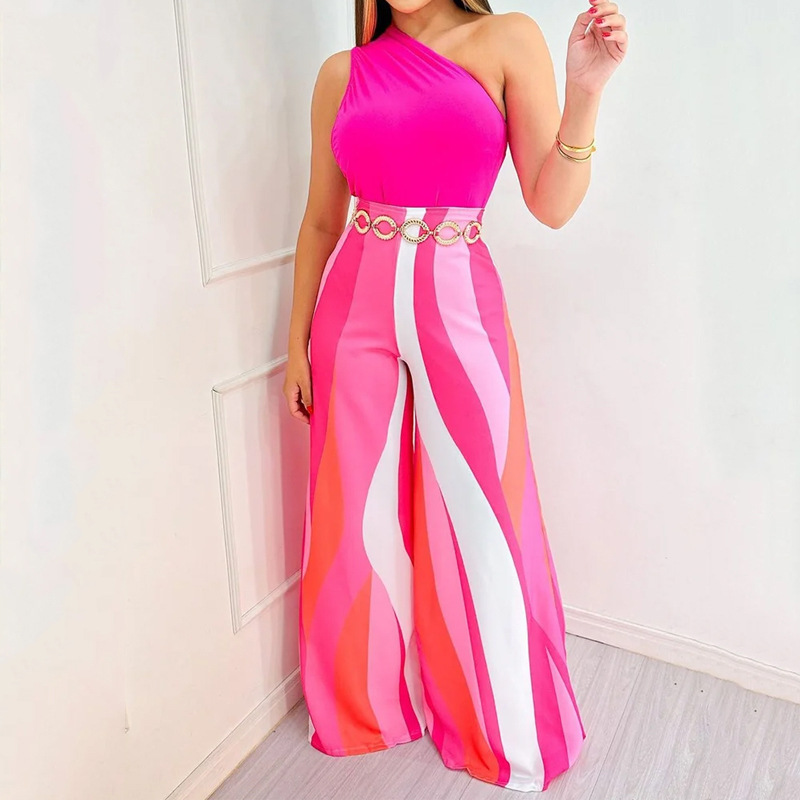 Fashion Oblique Shoulder Sleeveless Vest Loose Wide Leg Printed Pants Women Casual Two Pieces Set