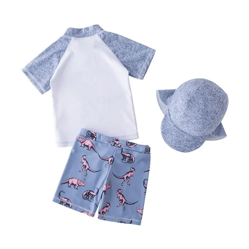 3 Pcs Boys Dinosaur Printed Swimsuit And Cap