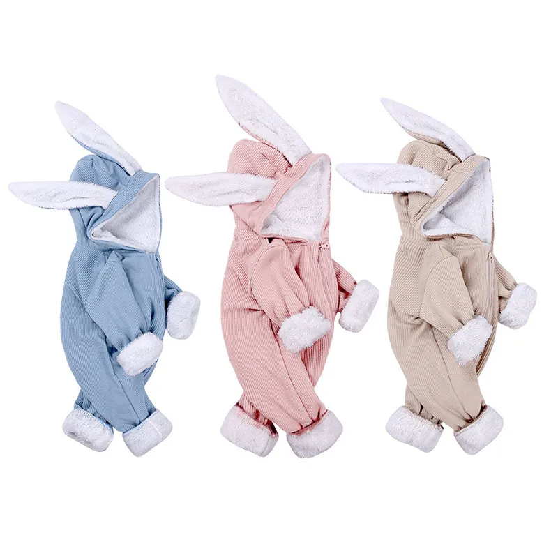 Kids Baby Boys Girls Autumn Winter Casual Cute Solid Color Stripe Rabbit Ears Fleece Long Sleeve Hooded Jumpsuit