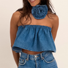 Women Fashion Sweet Summer Flower Decor Denim Tube Top