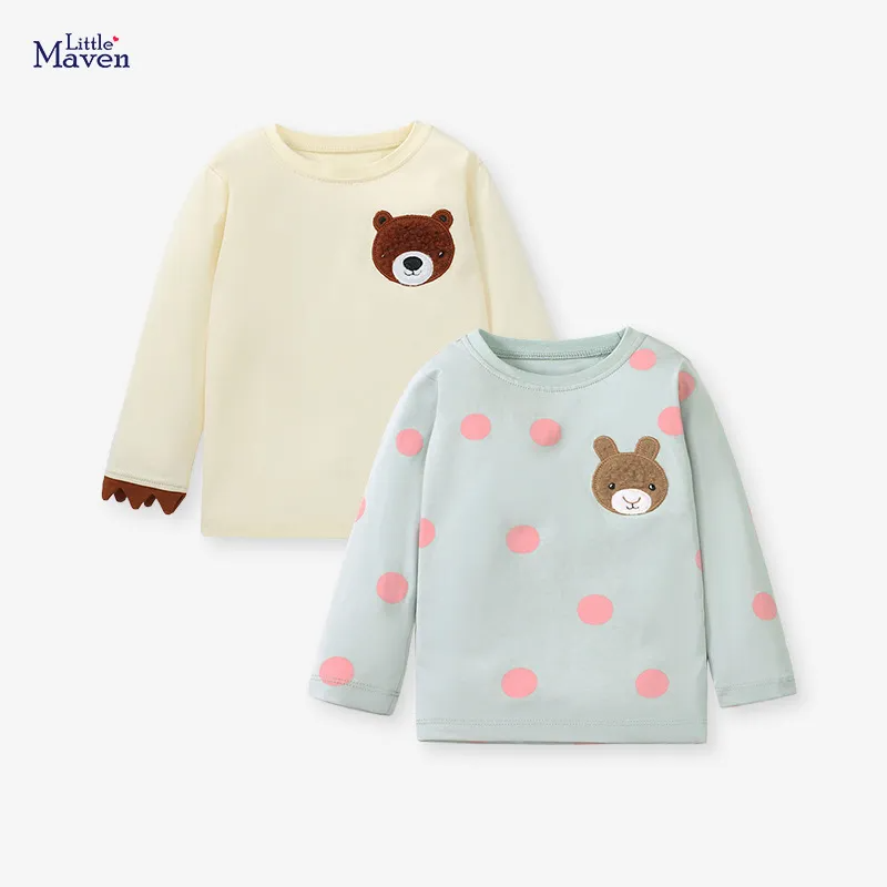 ( Buy 1 Get 1 ) Kids Toddler Big Girls Fashion Casual Cute Polka Dot Cartoon Bear Embroidery Round Neck Long Sleeve T-Shirt