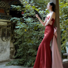 Satin Women Wedding Burgundy Mermaid Temperament Evening Dress