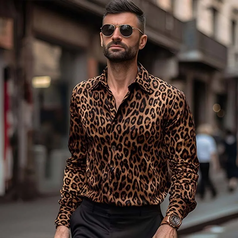 Men Fashion Casual Leopard Long Sleeve Lapel Shirt