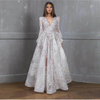 Women Fashion Lace Embroidery Dress Bride Temperament V-Neck Long Sleeve Sequin Wedding Dress