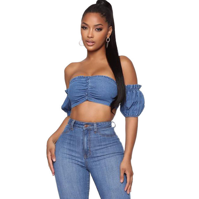 Women Fashion Sexy Ruffled Off-Shoulder Denim Top