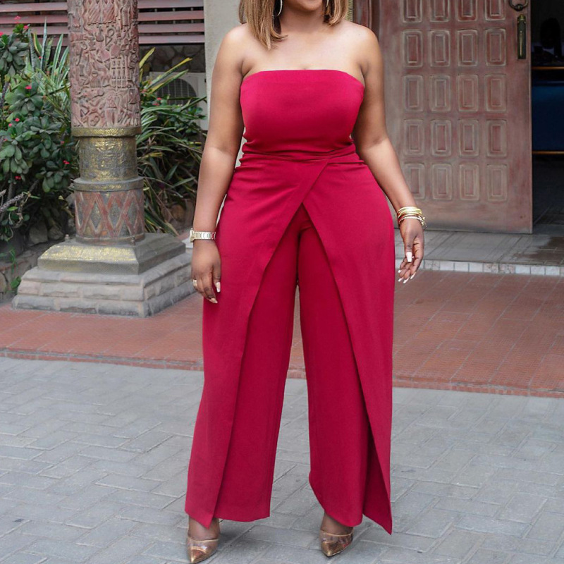 Women Solid Color Tube Top Slit Fashion Casual Wide Leg Jumpsuit