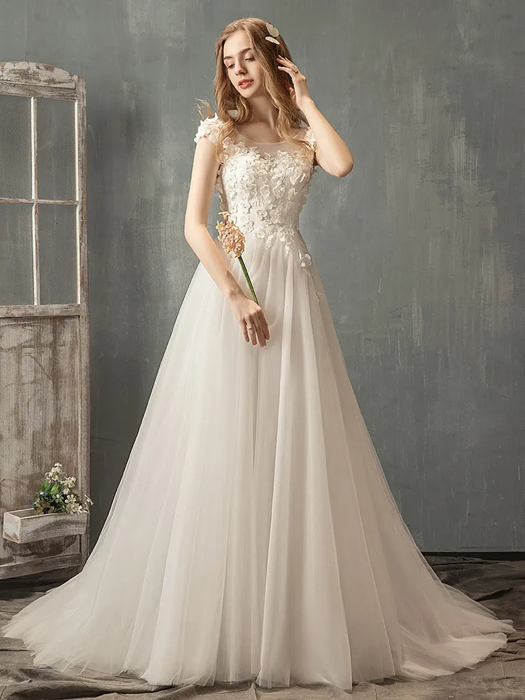 Women Elegant Lace Mesh See-Through Flower Solid Color Sweep Length Wedding Evening Dress