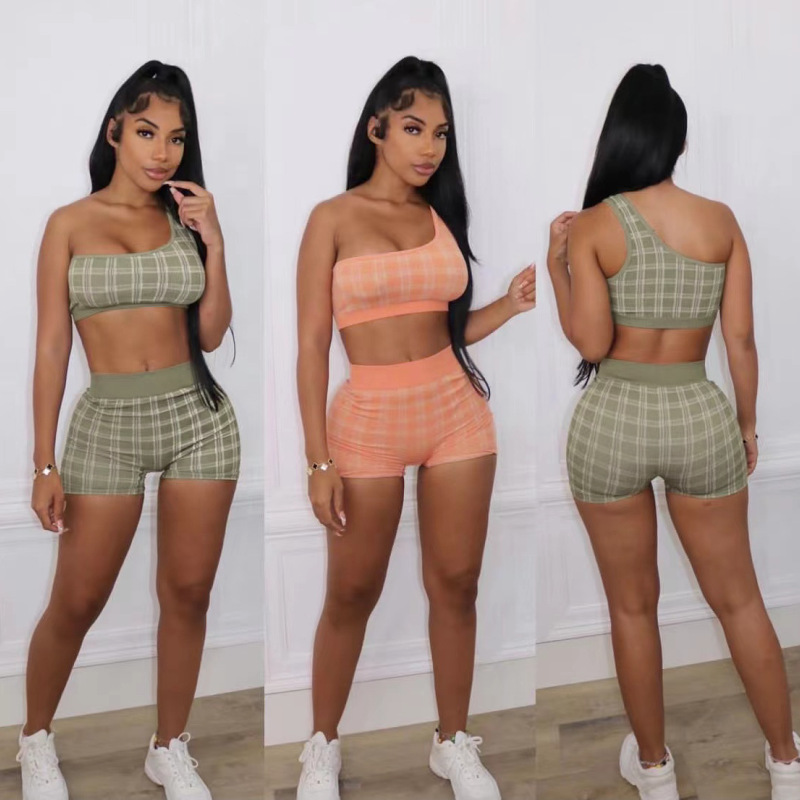 Women Vest One Shoulder Plaid Solid Color Top And Shorts Two Piece Set