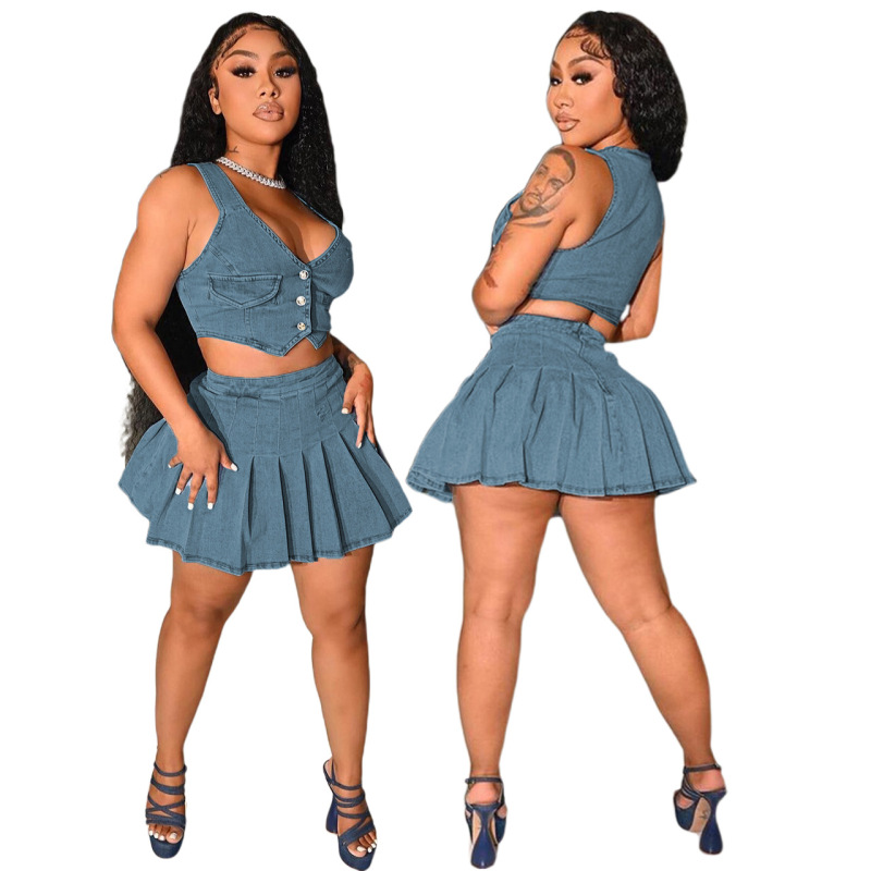 Women Fashion Sexy Solid Denim Sleeveless Tank Top And Pleated Skirt Set