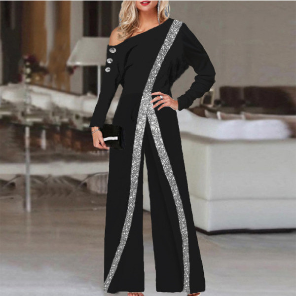 Women Elegant Graphic Print Wide Leg Oblique Off Shoulder Long Sleeve Jumpsuits