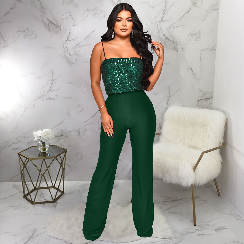 Fashion Solid Color Sequined Sleeveless Women Sequin Suspenders Jumpsuit