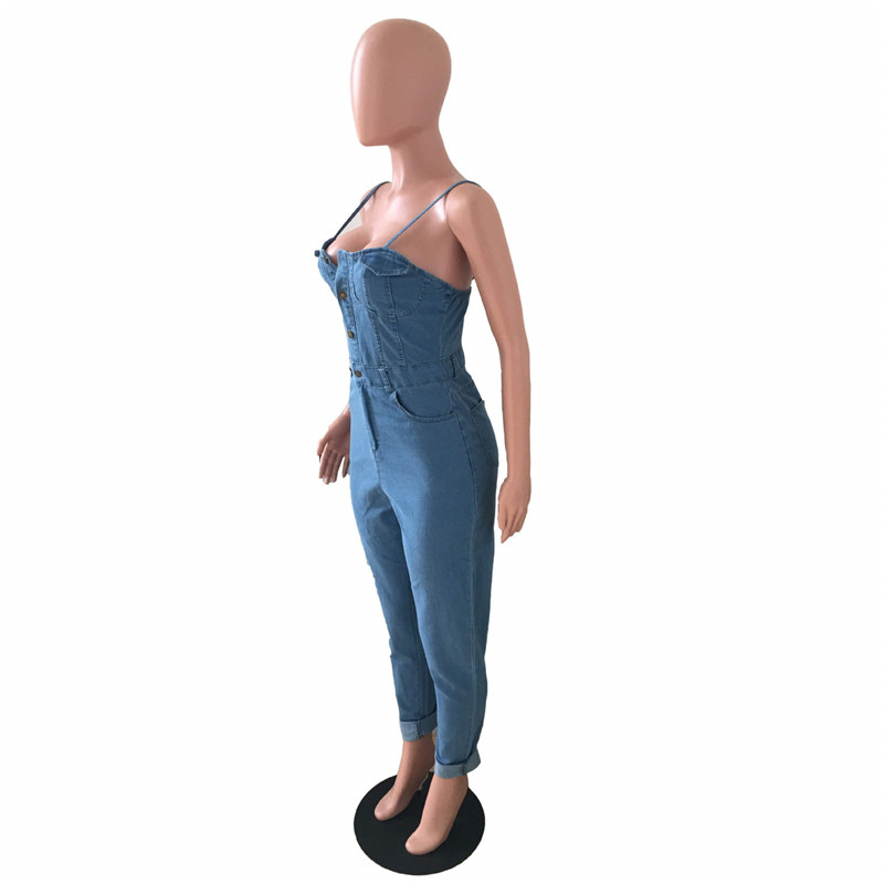 Women Single-Breasted Strap Denim Jumpsuits