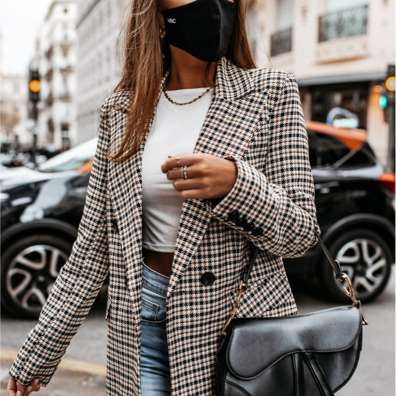 Women Fashion Casual Plaid Print Long Sleeve Suit Jacket Blazers