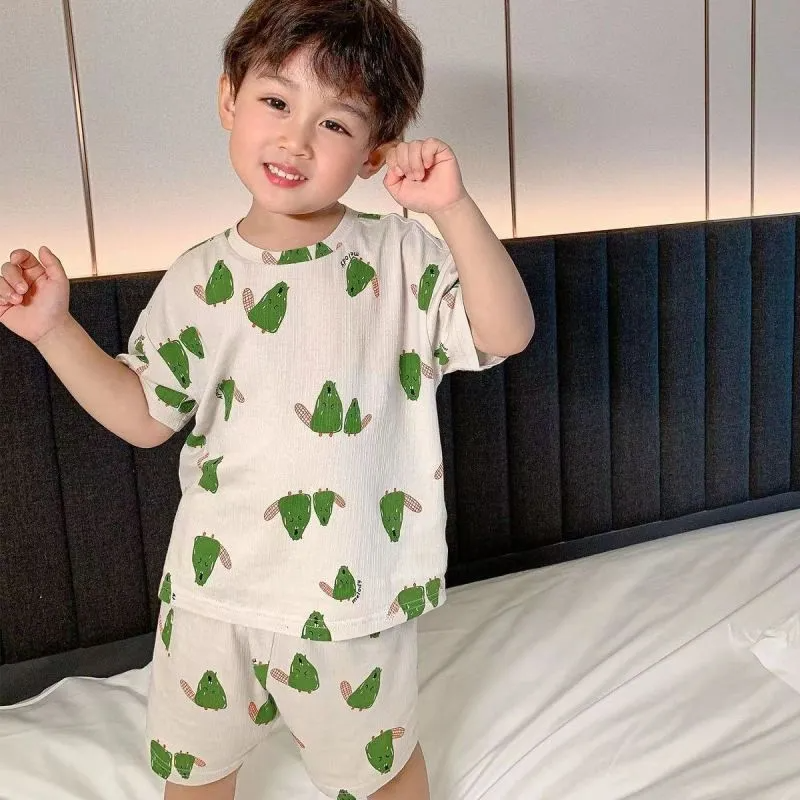 (Buy 1 Get 1)  Children Kids Baby Fashion Girls Boys Short Sleeve Cartoon Print Top And Short 2pcs Pajamas Set